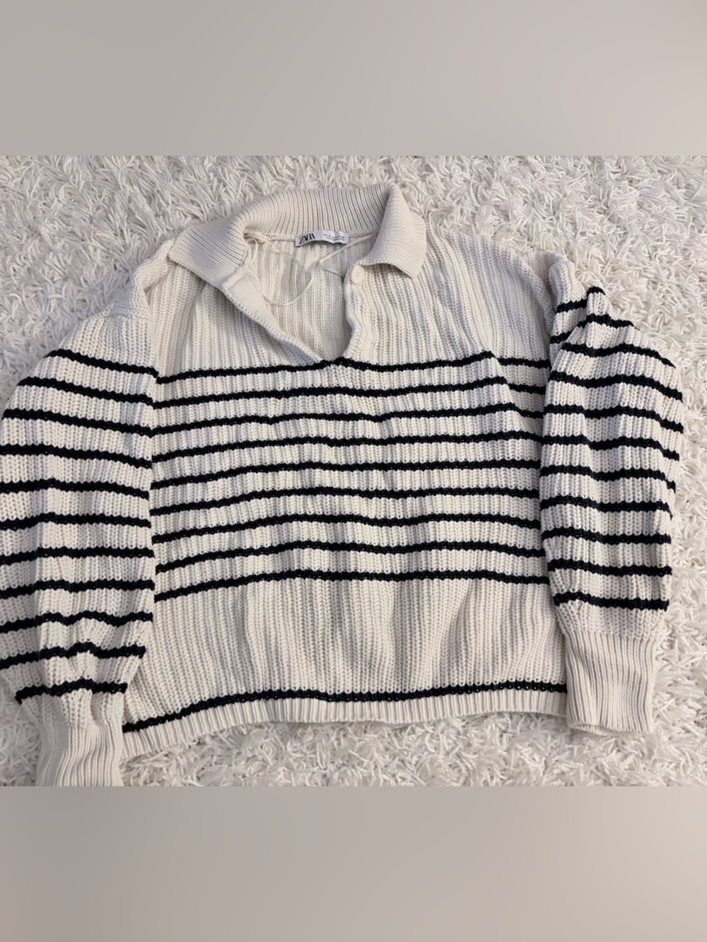 Zara Navy White Striped Collared Sweater Medium Nautical Knit Pullover